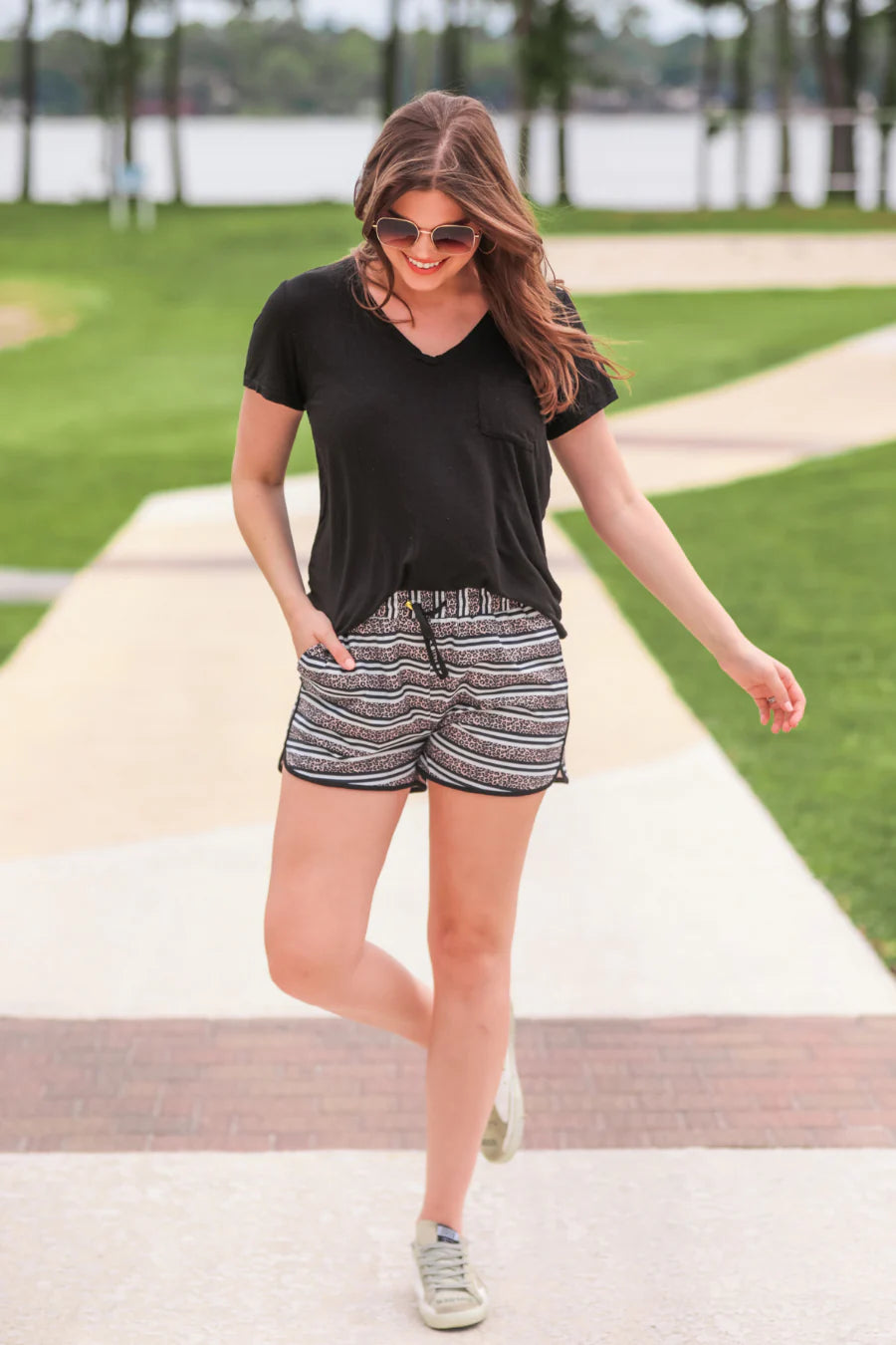 Get In Line Striped Leopard Drawstring Everyday Shorts