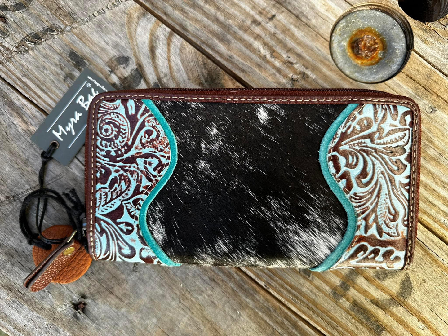 Hair On Hide & Turquoise Tooled Leather Wallet